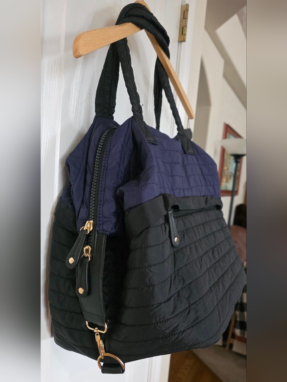 Sondra Roberts Squared Quilted Tote Bag, Navy and Black With Goldtone Hardware.